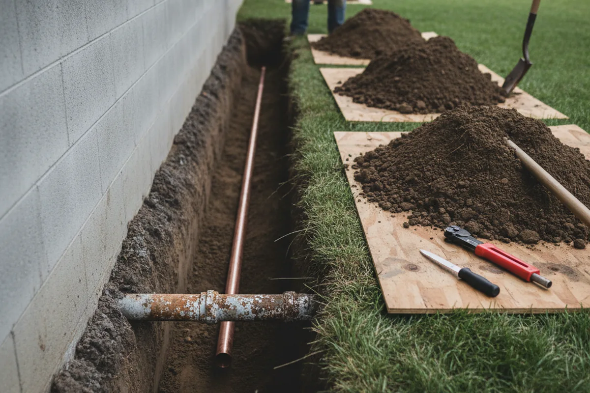 Excavated water line trench during Sewer Line Repair in Drumright